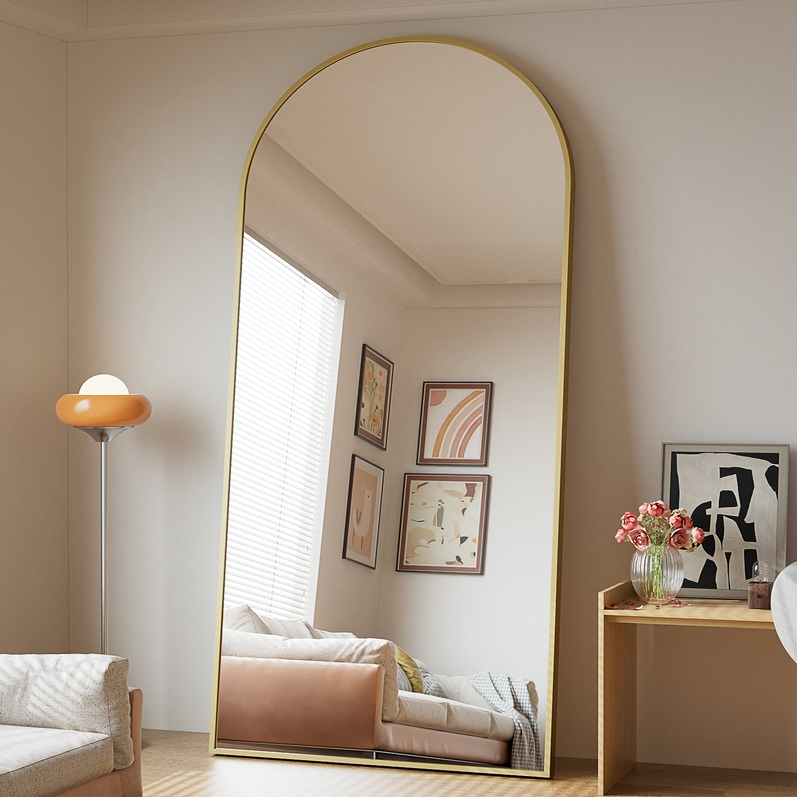 SHATTERVIEW 76"x34" Arched Floor Mirror Full Length Standing Body Dressing Mirror, Gold
