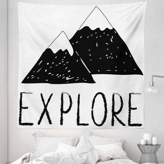 Adventure Tapestry, Explore Lettering Wild Forest Hand Drawn Simple Mountains Nature Theme, Fabric Wall Hanging Decor for Bedroom Living Room Dorm, 5 Sizes, Black White, by Ambesonne