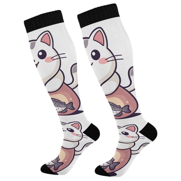 FORMRS Womens Knee High Socks Casual Long Thick Travel Daily Wear, 1 Pair, White Cute Cat