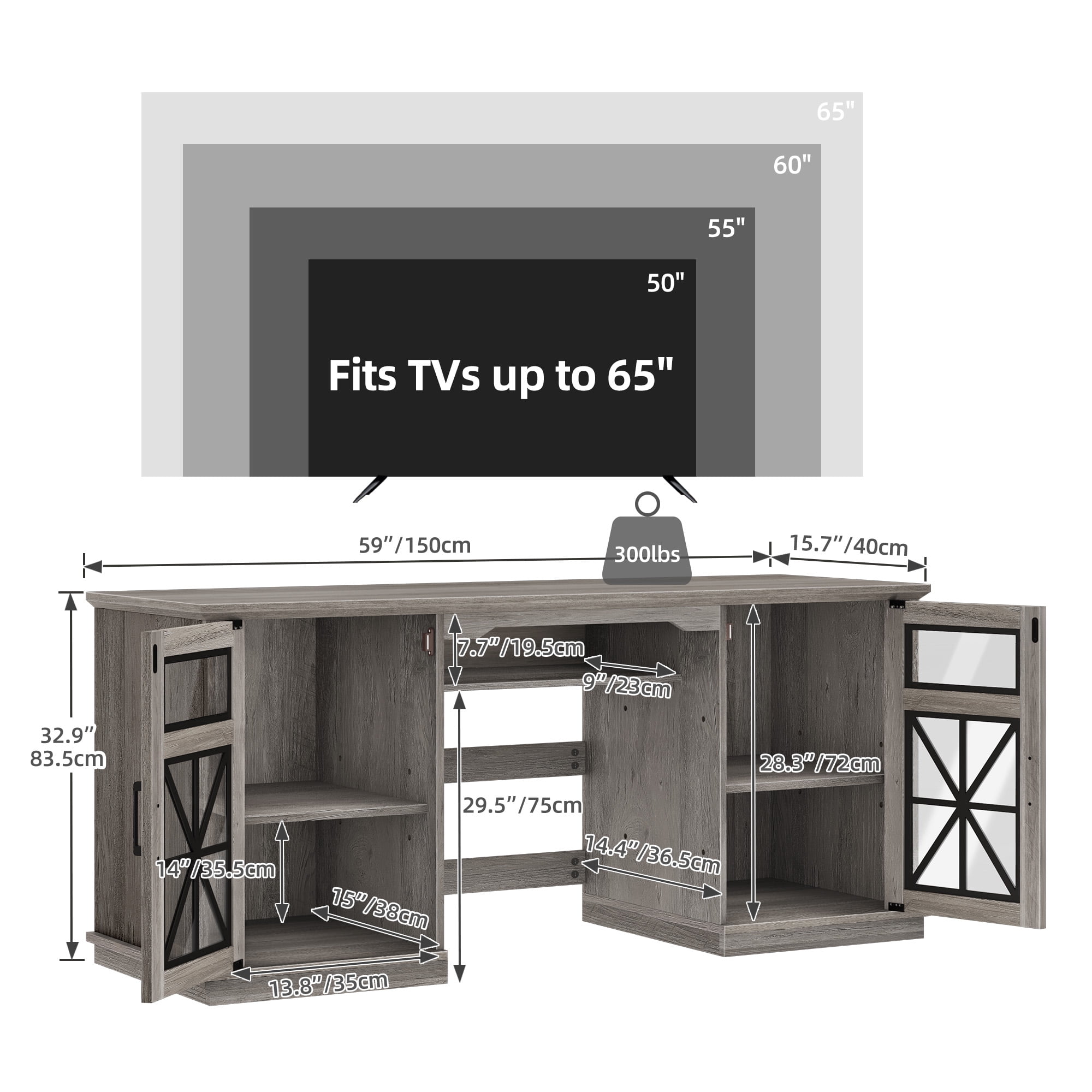 Dextrus Farmhouse TV Stand for TVs up to 65'' w/Glass Doors, Highboy Entertainment Center Cabinet, Gray