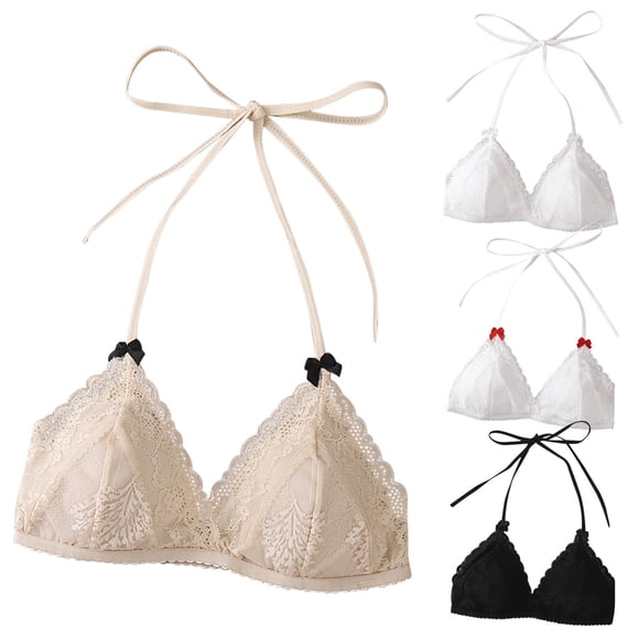 Lekwk Bras for Women Wireless Halter Bra elegant Lace Adjustable Tie Back Breathable Comfort Bralette Stylish Casual Underwear for Vacation, Beach