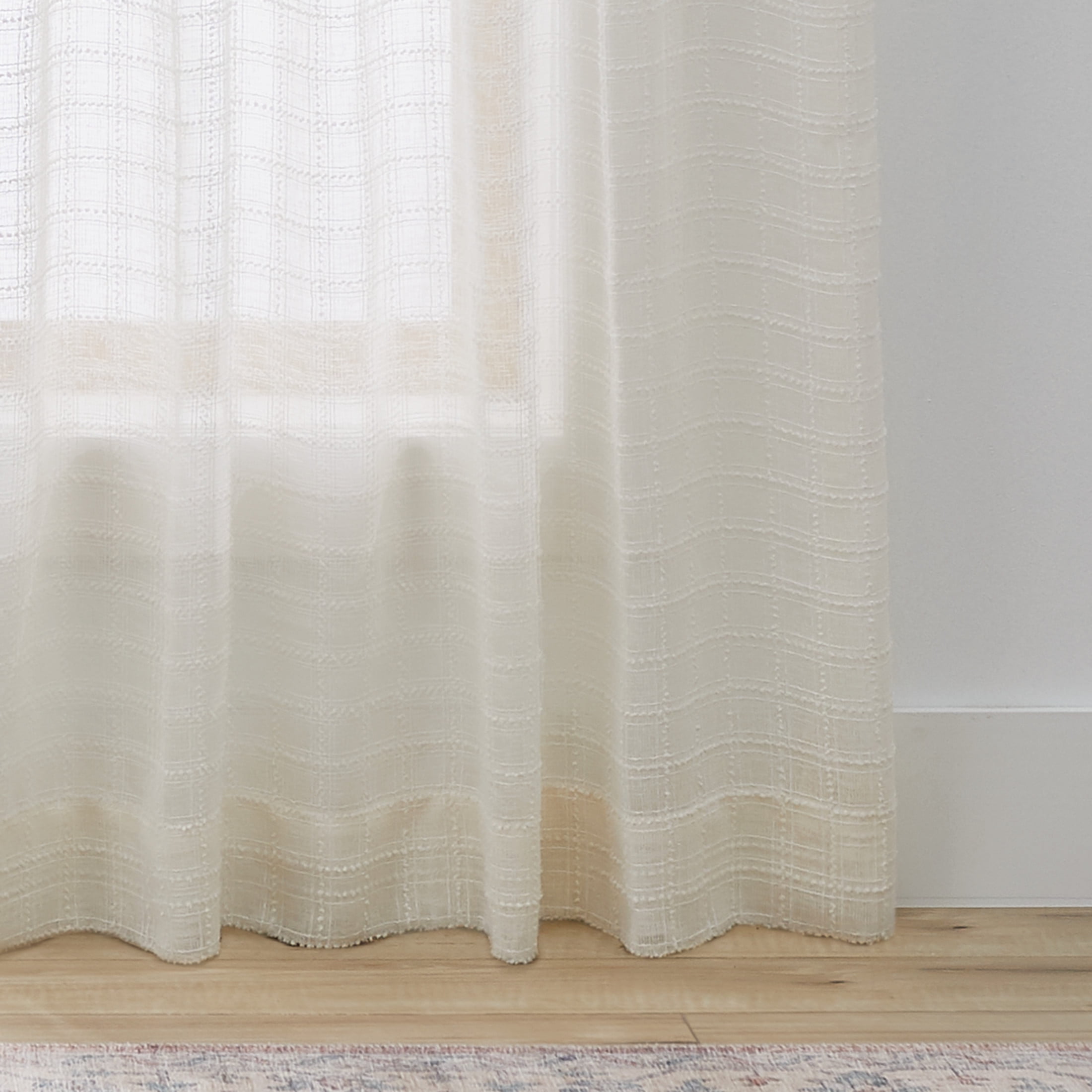 Better Homes & Gardens Sheer Tonal Windowpane Stitch Tie Top Single Curtain Panel, Vanilla Dream, 50 in W x 84 in L
