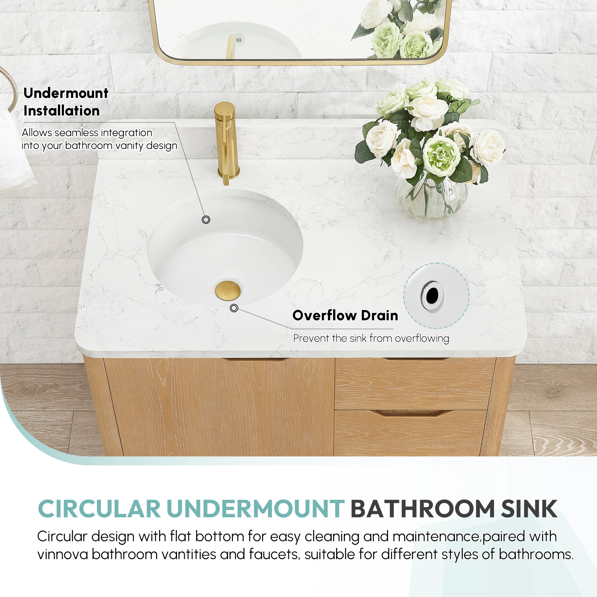 Marseille Circular Undermount Ceramic Bathroom Sink with Overflow in White
