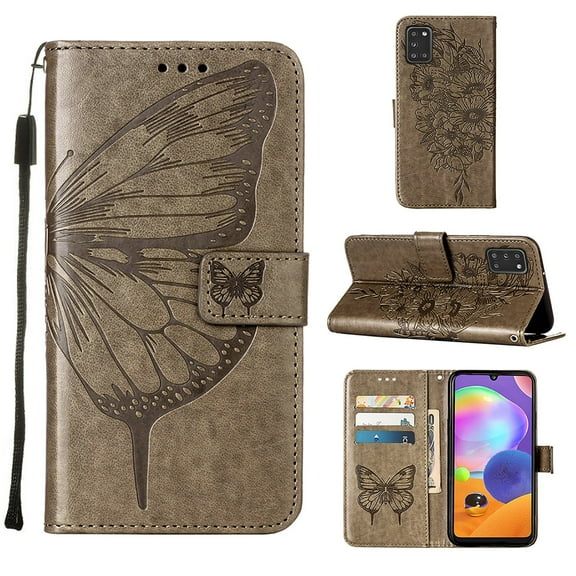 Galaxy A51 4G Wallet Case, Embossed Butterfly PU Leather Credit Card Holder Slots Full Body Protection Kickstand Flip Folio Shockproof TPU Phone Cover for Samsung Galaxy A51 4G, Gray
