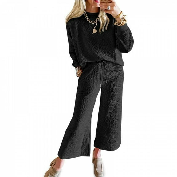 Womens 2 Piece Outfits Long Sleeve Crewneck Tops and Wide Leg Pants Set Casual Tracksuits with Pockets