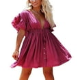thumbnail image 1 of Women‘s Button Down V Neck Ruffle Mini Dress Casual Drawstring Waist Beach Short Dress with Pocket, 1 of 6