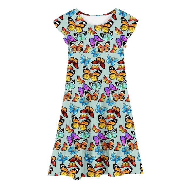 MIASHUI Robe à Manches Volantées pour Filles Tenue Décontractée d'Été Fête Imprimé Coloré Taille Élastique Confortable Robe pour Enfants Vert Menthe, 8-9 Ans