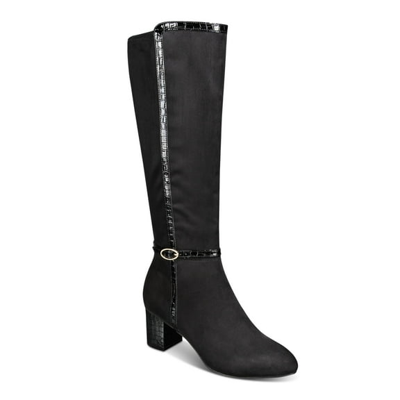 KAREN SCOTT Womens Black Mixed Media Crock Buckle Accent Ankle Strap Padded Isalee Almond Toe Block Heel Zip-Up Dress Boots 10 M