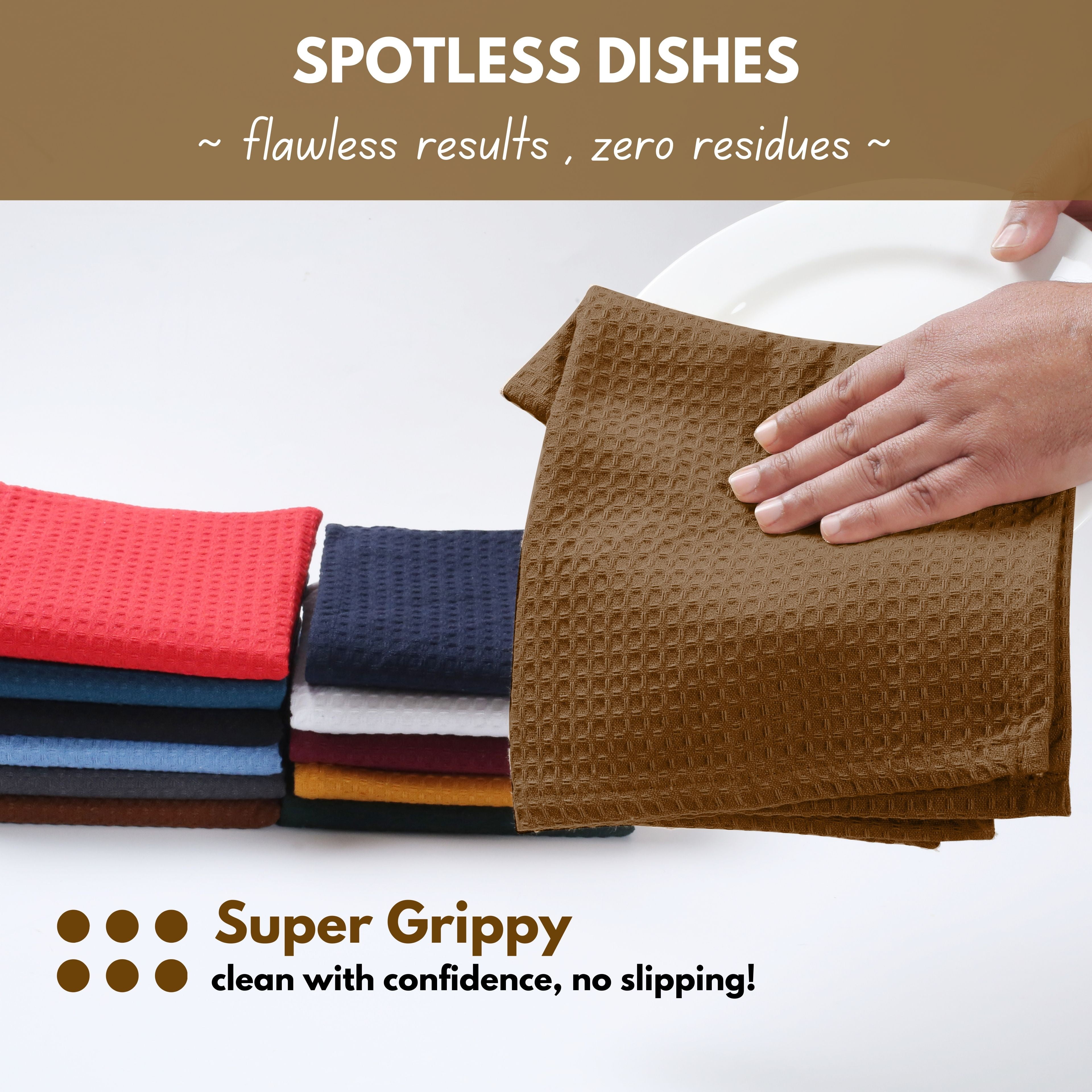 Native Fab 12 Pack Waffle Kitchen Towels - Absorbent Dish Cloths for Cleaning Drying - Brown