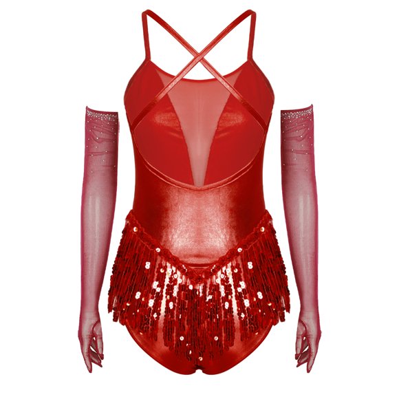 inhzoy Women's Sparkly Sequins Leotard Tassel Latin Jazz Dance Costume with Gloves Music Festival Rave Outfits Red M