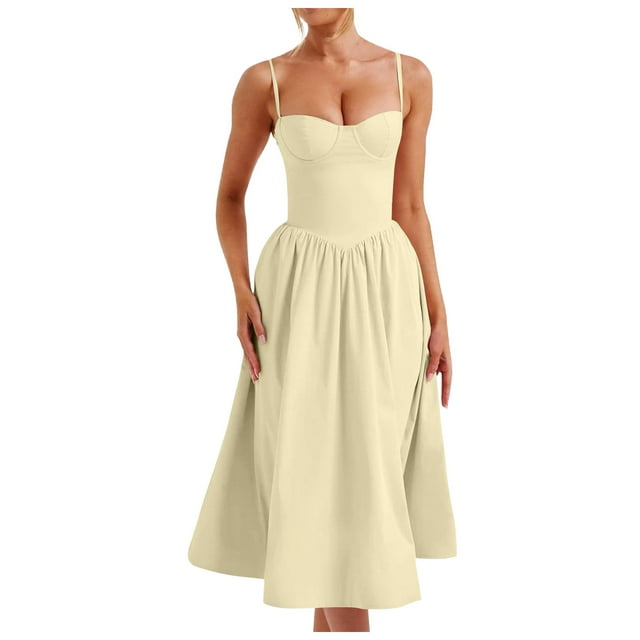 Robe Corset pour Femmes Bustier à Bretelles Robes Midi Ourlet Plissé Fluide Corset
