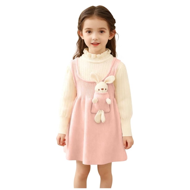 Vestido de cuello redondo y manga larga para niña, conejito de bolsillo, cuello de encaje, tejido de punto, manga larga, color liso, conjunto clásico, inocencia infantil y placer infantil, top de poli