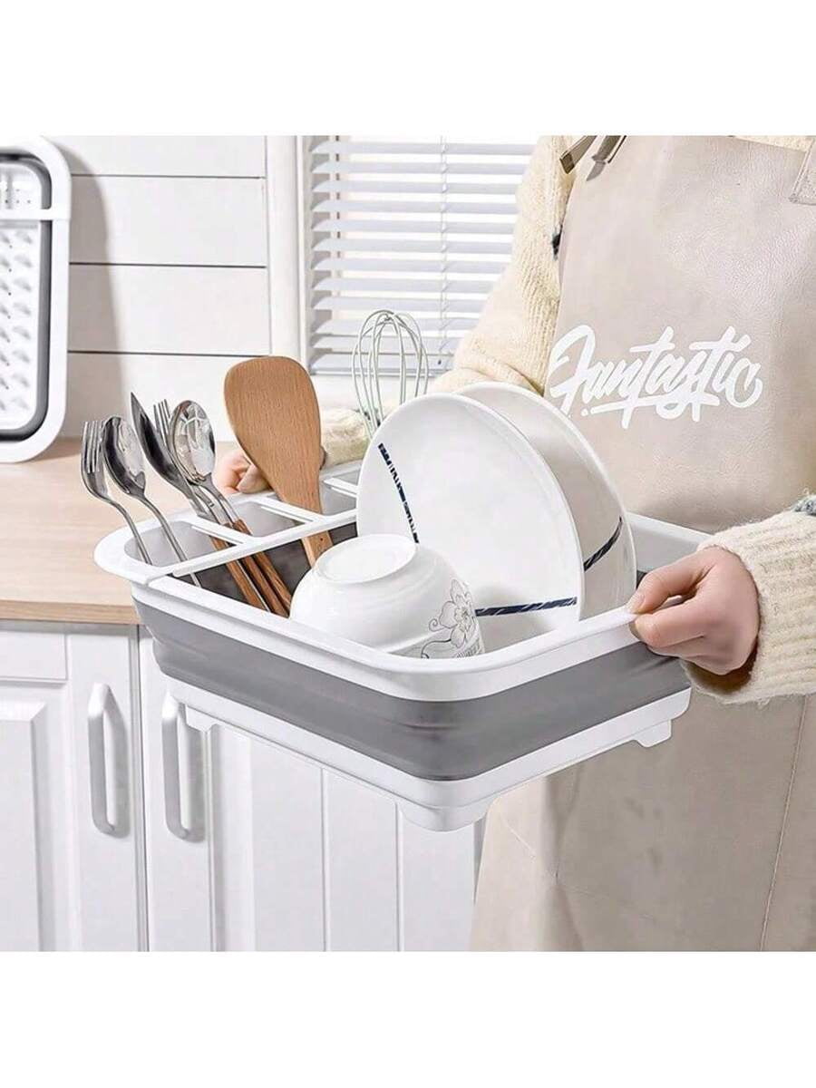 1pc Plastic Dish Rack, Collapsible Dish Drying Rack With Utensil Holder, Foldable Tableware Storage Rack, Kitchen Storage Basin, Space-Saving Sink Drainer For Home, RV