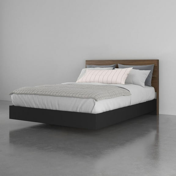 Nexera Solari Platform Bed with Headboard, Walnut & Black
