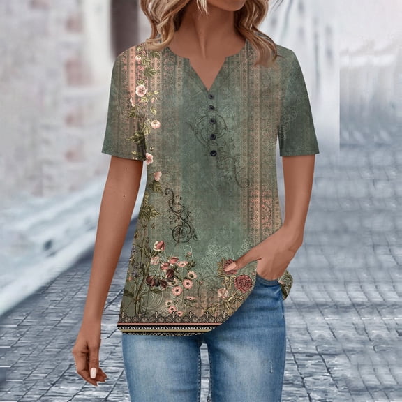kytmyeq Women's Button Neck Tops Women's Casual Everyday Tops Short Sleeve V Neck Fashion Print Shirt Tops Pocket Tee Sweatshirts