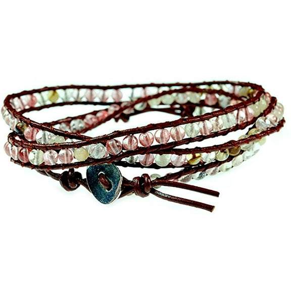 26" Pink Clear Quartz Gemstone on Genuine Brown Leather Wrap Bracelet