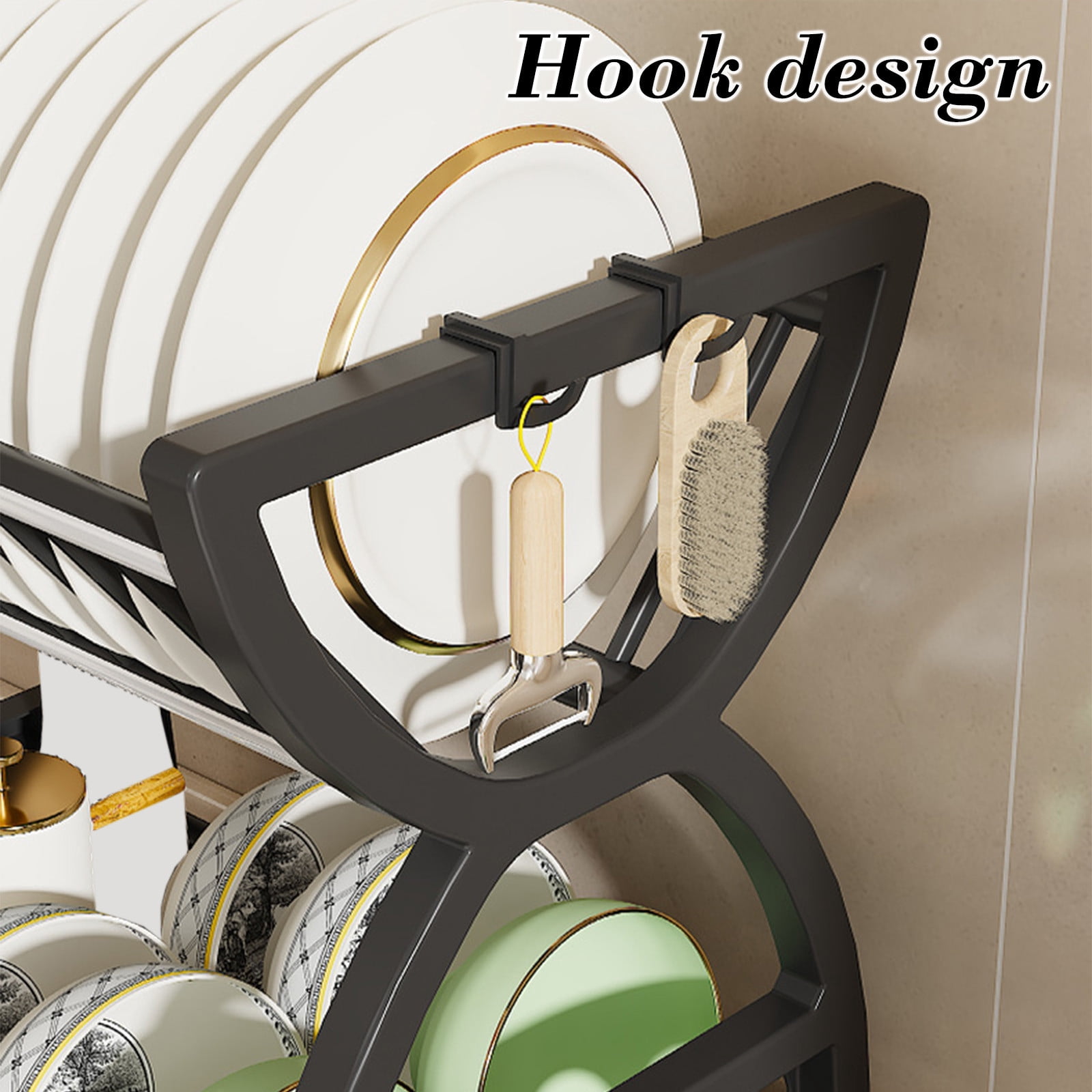Drying Dish Rack Drainboard Set, 2-Tier Large Black Kitchen Countertop Dish Strainer with Hooks, Cutlery Holders, Plastic