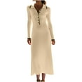 thumbnail image 3 of asdoklhq Womens Holiday Dresses Women's Solid Color Lapel Knitted Long Skirt Slim and Temperament Hip Hugging Long Sleeved Dress Beige L, 3 of 8