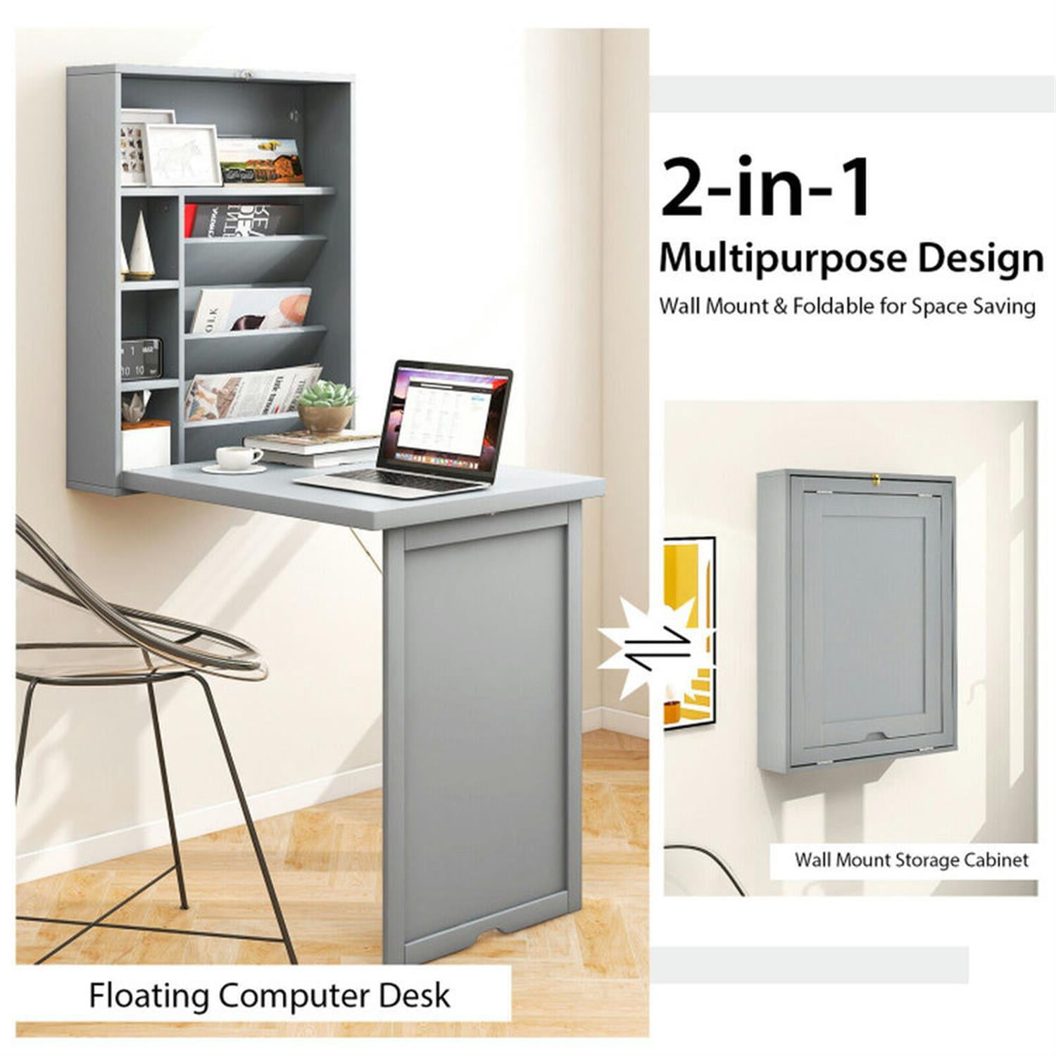 Demi Bonn Wall-Mounted Fold-Out Convertible Floating Desk Space Saver, for Laptops, Books, Tablets, and Art, Gray