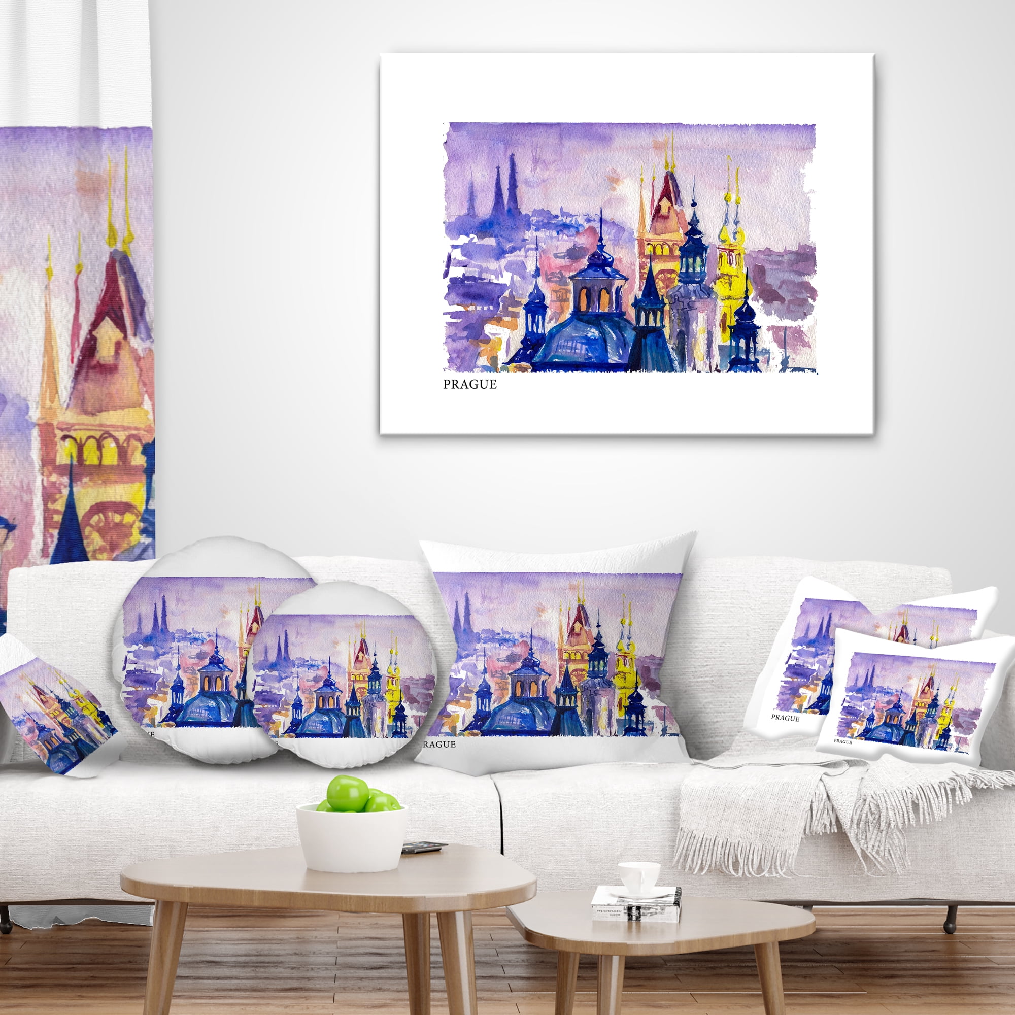 Designart Prague Vector Illustration - Cityscape Painting Throw Pillow - 16x16