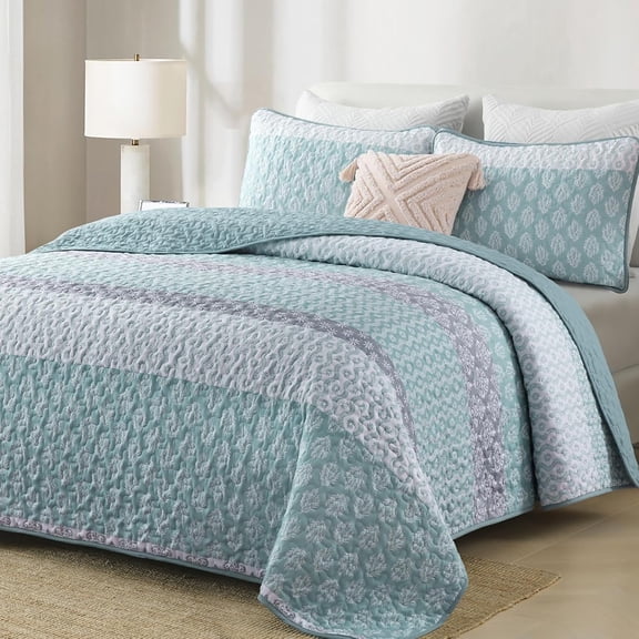 Boho Quilt Queen Size Aqua Striped Bedspread Set