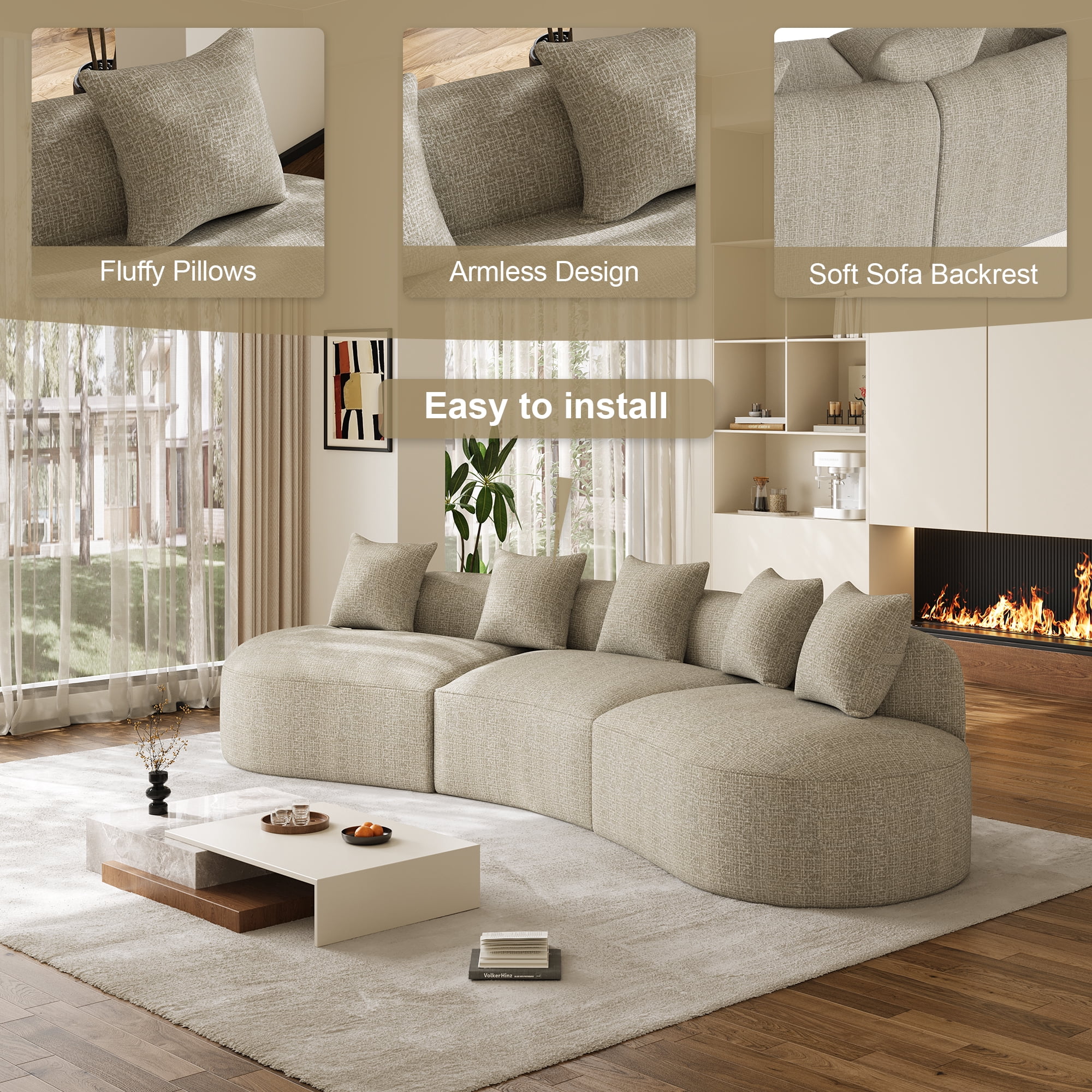 Wiilayok Modern Chenille Sofa,Curved Sofa with Deep Seat,Cloud Compression Sofa Couch for Living Room,No Assembly,Light Brown