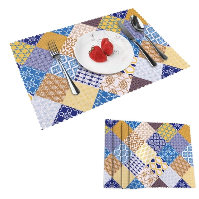 DouZhe Set de 4 Placemats Polyester, Motif de Collage de Style Ethnique Marocain Résistant à la Chaleur Place Mats pour Table à Manger, 12 x 18 Po