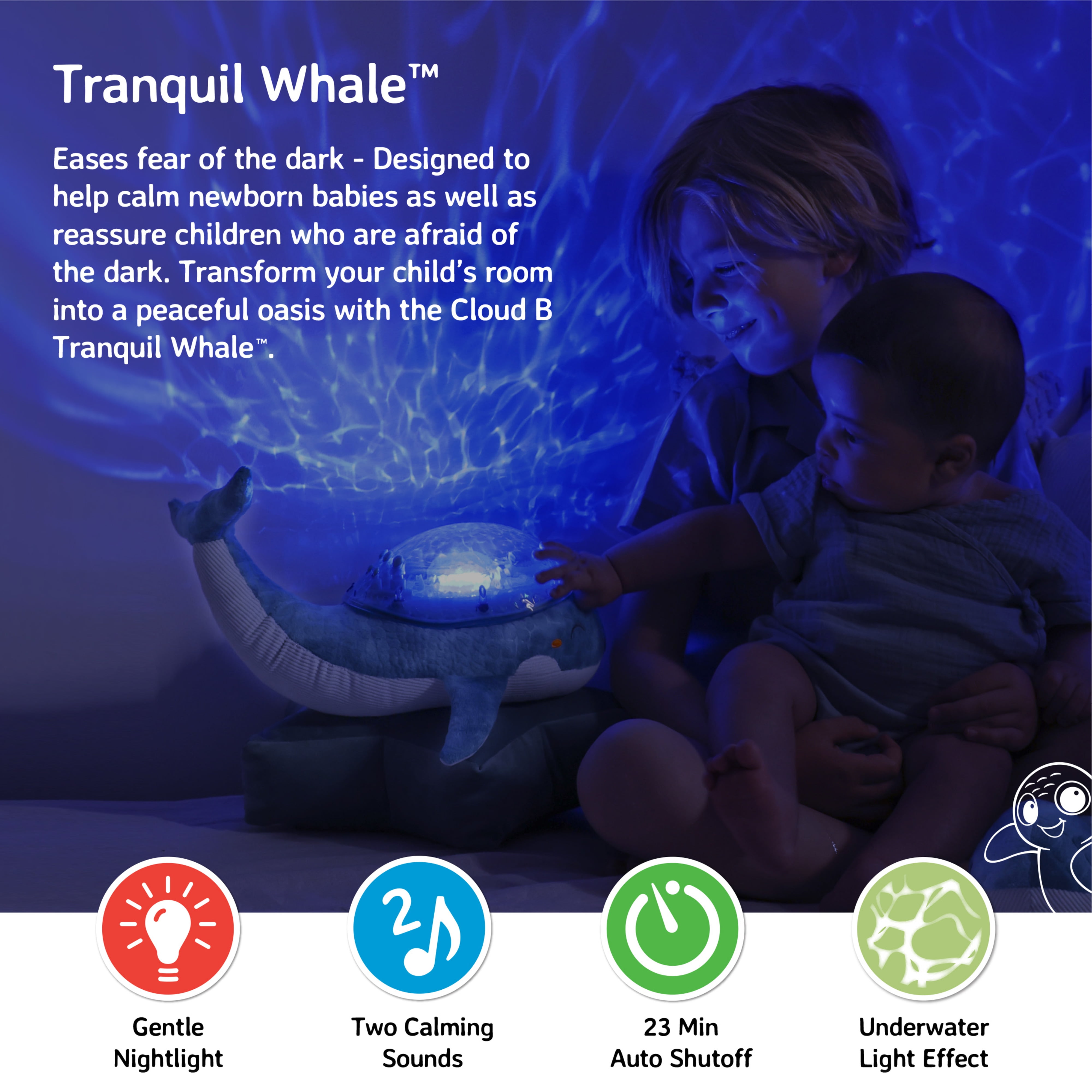 Cloud b Dimmable Whale LED Night Lights, Soft Aquamarine Glow; Deep Blue Glow
