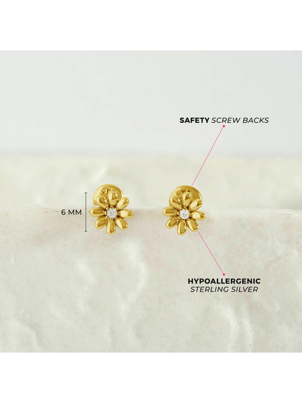 Puffed Blossom Kids / Girls Earrings Screw Back - Gold Flashed Sterling Silver