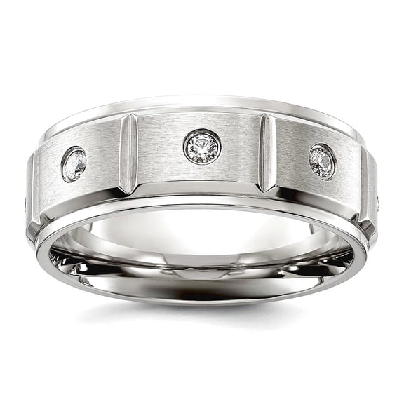 Stainless Steel Brushed and Polished Grooved With Cubic Zirconia 8mm Band Size 11.5 Ring for Women and Men