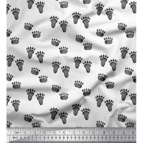 Soimoi White Cotton Poplin Fabric Bear Stencil Foot Animal Print Fabric by Yard 56 Inch Wide