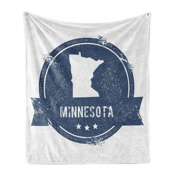 Minnesota Soft Flannel Fleece Throw Blanket, Round Frame Monochrome Minnesota State Map Grunge Effect Artwork, Cozy Plush for Indoor and Outdoor Use, 50" x 70", Dark Night Blue White, by Ambesonne