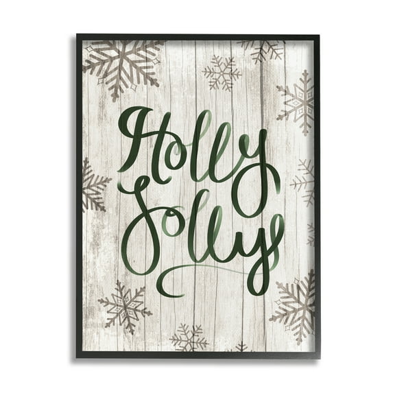 Stupell Industries Holly Jolly Festive Cursive Typography Winter Rustic Snowflakes Holiday Painting Black Framed Art Print Wall Art, 16 x 20