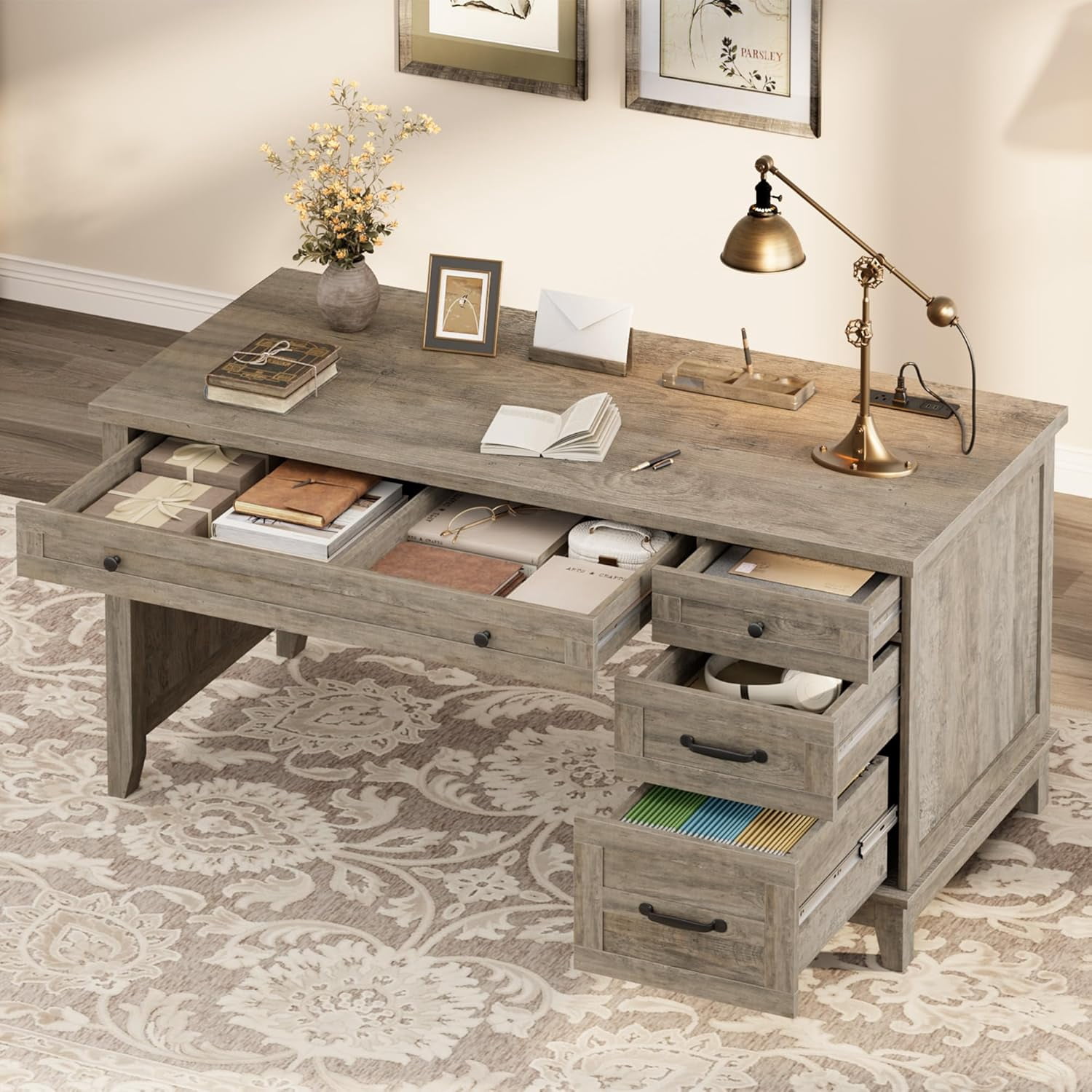 53.5" Farmhouse Home Office Desk with File Cabinet, Wooden Executive Desk with Power Outlet, Work Desk with Drawers, Traditional Wood Desk for Home and Office, Gray