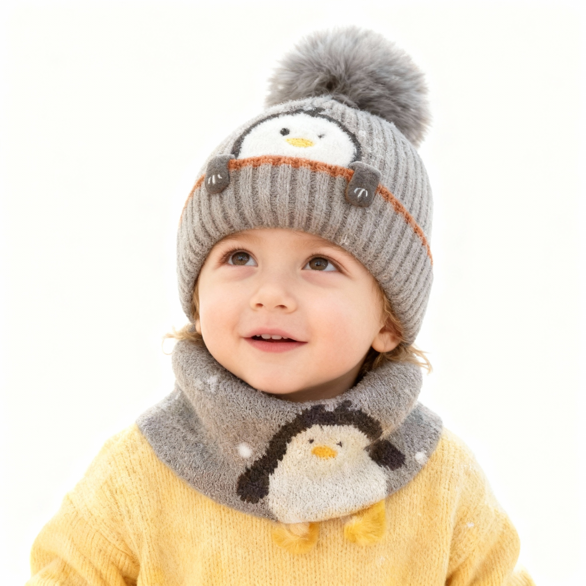 Baby Kids Winter Warm Hats, Infant Toddler Children Pom Pom Beanie Knit Cap Girls Boys-2 piece