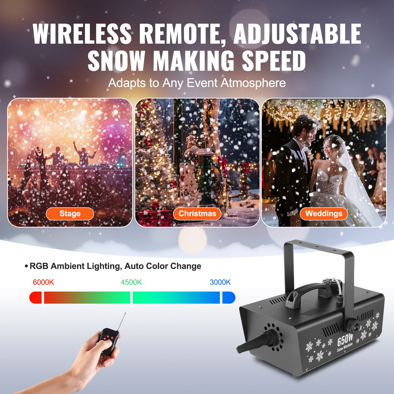 KFFKFF Snow Device, 650W, Portable/Mountable Snow Creation Equipment, Wireless Control Indoor Snowflake Producer with 1L Reservoir, Proficient Output Imitation Snow Creator for Festive Occasions