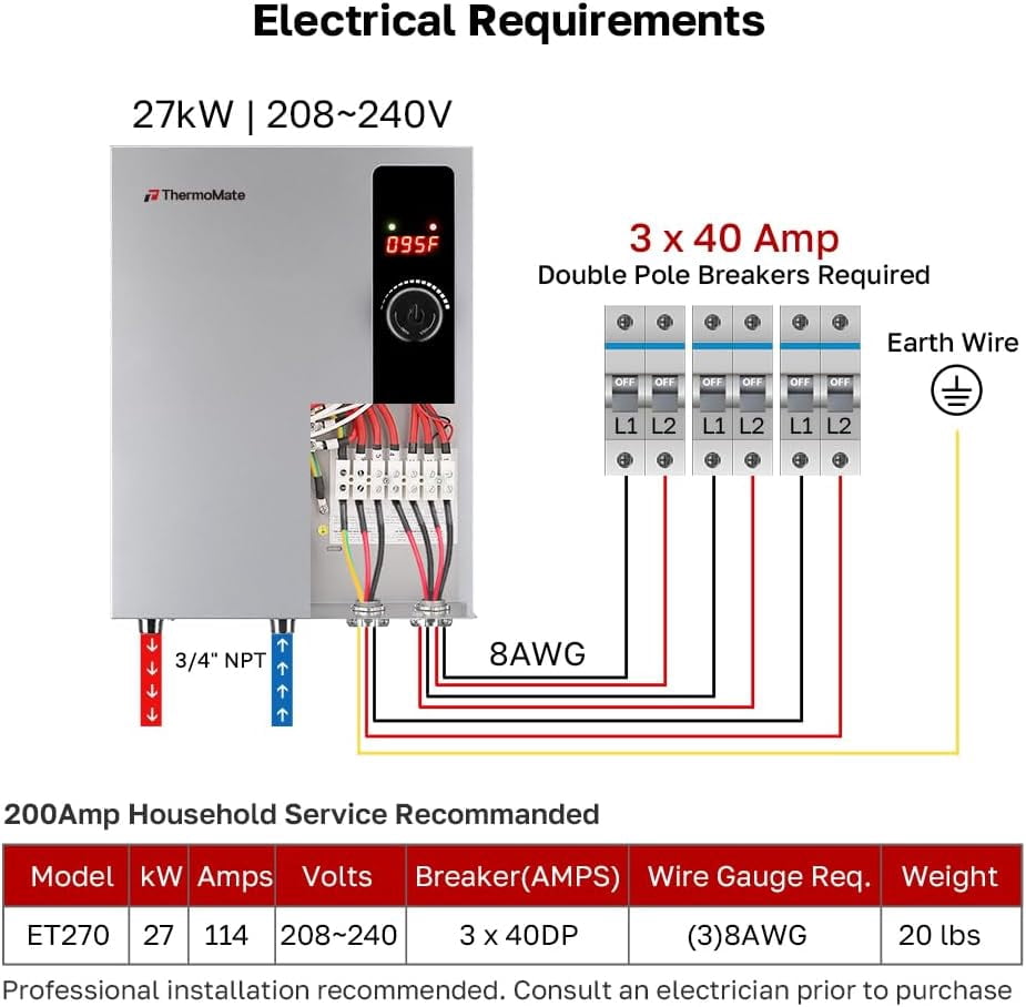ThermoMate 27kW 240 Volt Electric Tankless Water Heater, Reliable Hot Water for Home, Shop, Cabins