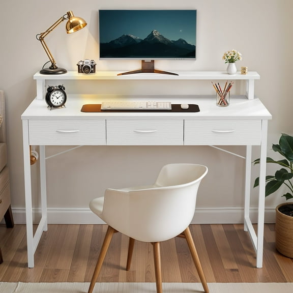 ModFusion 39.4" x 19.7" Small Computer Desk for Small Spaces with Monitor Stand & 3 Drawers, Minimalist Home Office Desk with Hooks & Adjustable Leg Pads, White