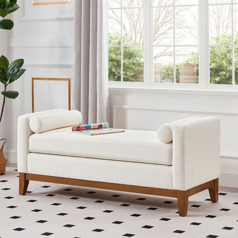 51" Storage Ottoman Bench with Arms and Pillows, Large Boucle Upholstered Tufted End of Bed Bench with Thick Padded Seat for Entryway, Living Room,Bedroom, Ivory