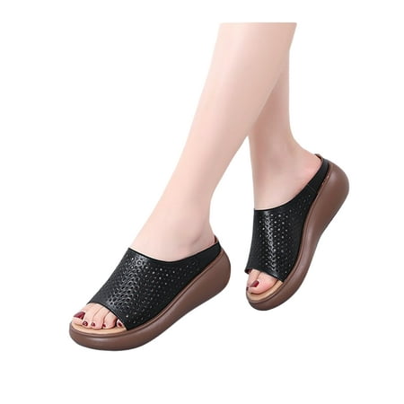 

Tenmix Women Slides Slip On Sandals Summer Wedge Sandal Peep Toe Slippers Womens Fashion Non-Slip Casual Shoes Black Hollow Out 7.5