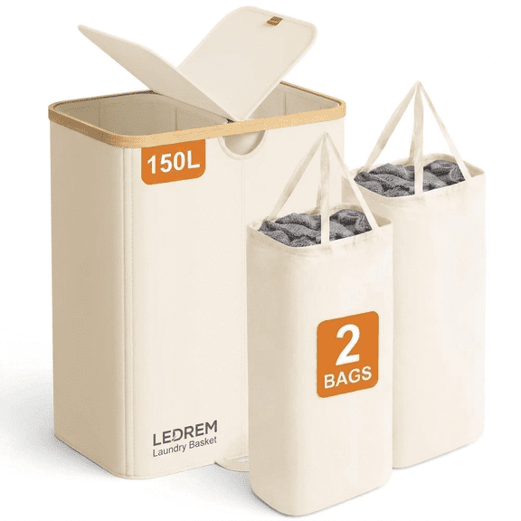 LEDREM 150L Dual Compartment Laundry Hamper with Removable Liners, 2 Lid Laundry Basket for Bedroom and Living Room, Cream White and Light Bamboo