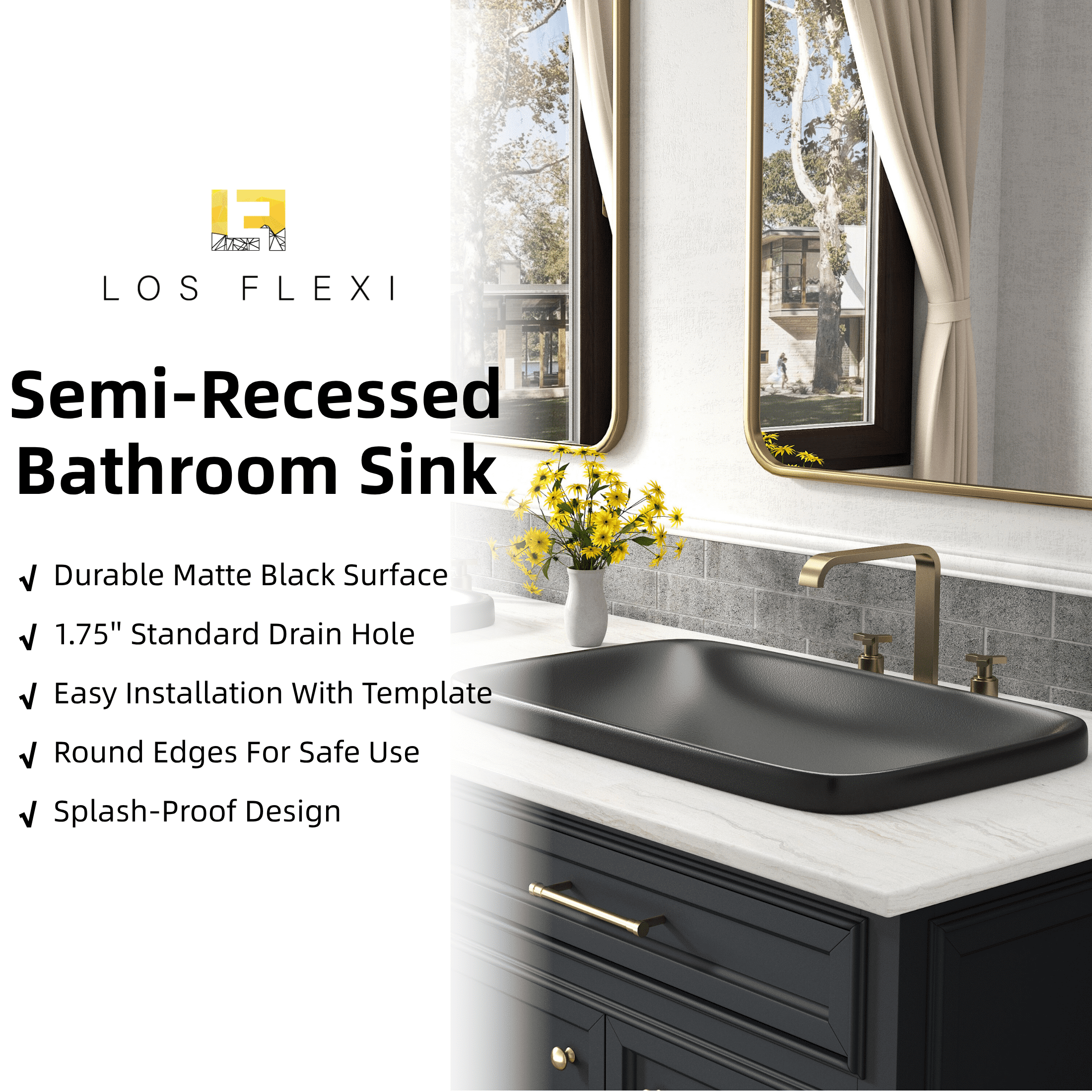Los Flexi 24"x15" Matte Black Rectangle Semi-Recessed Bathroom Sink with Pop-Up Drain, No Overflow