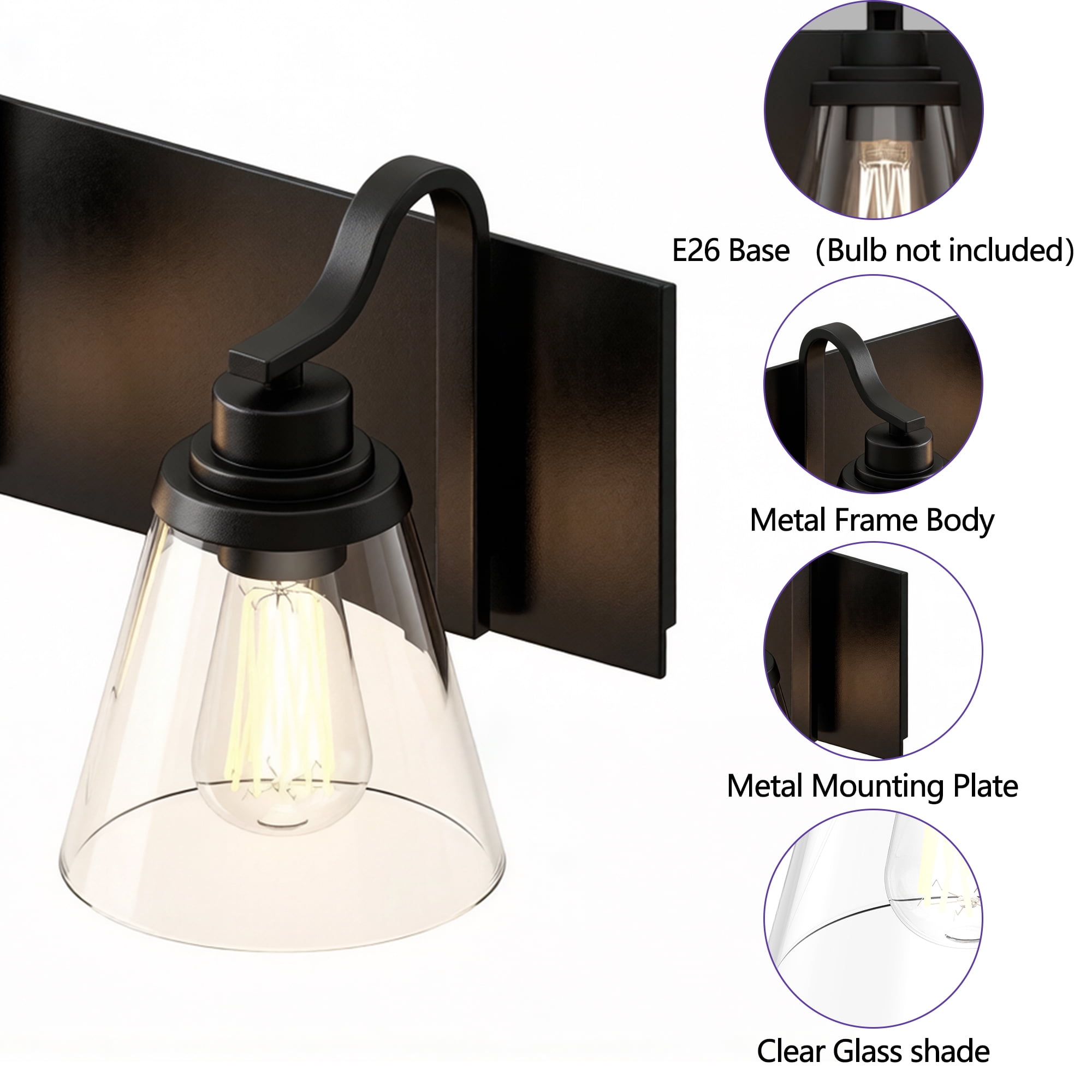 GCGAFUL 21.4" 3-Light Bathroom Vanity Light, Modern Black Vanity Light Fixtures Over Mirror with Clear Glass, Farmhouse Makeup Light for Salon Decor