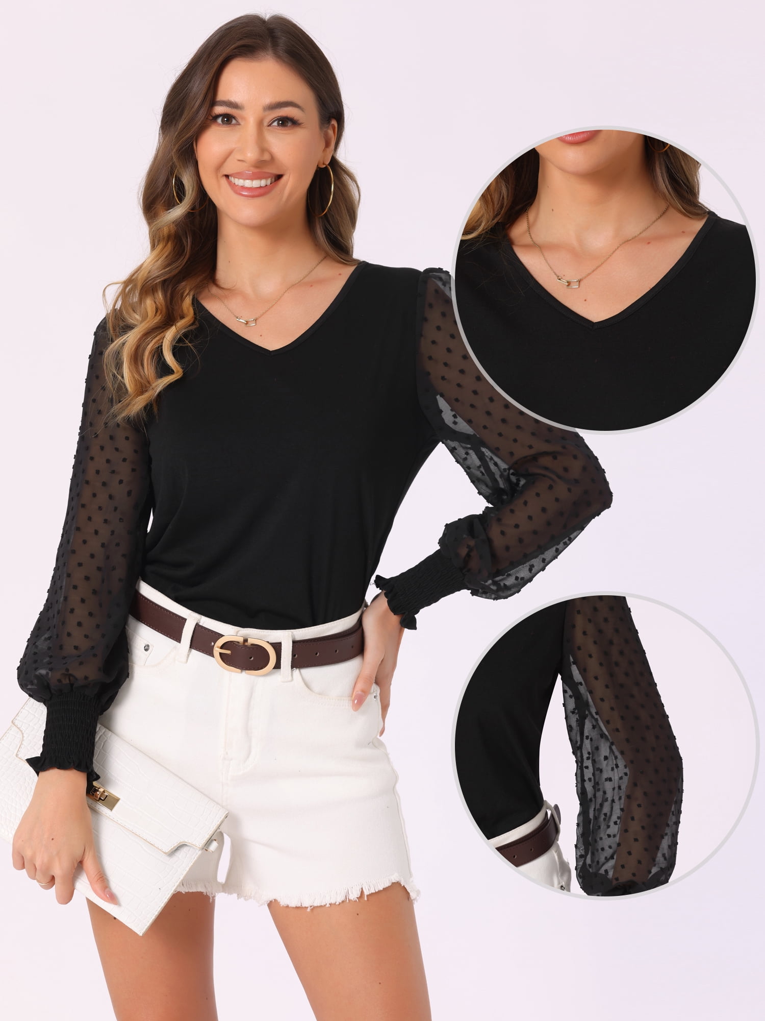 DARING DIVA Women's Semi Sheer Polka Dots Long Sleeve V Neck Blouses XS Black