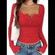 thumbnail image 3 of Camisetas Henley de Larga para Mujer, de y Otoño, con Botones, Encaje, Punto Acanalado, Corte Entallado, Blusas Informales Rojo XL, 3 of 9