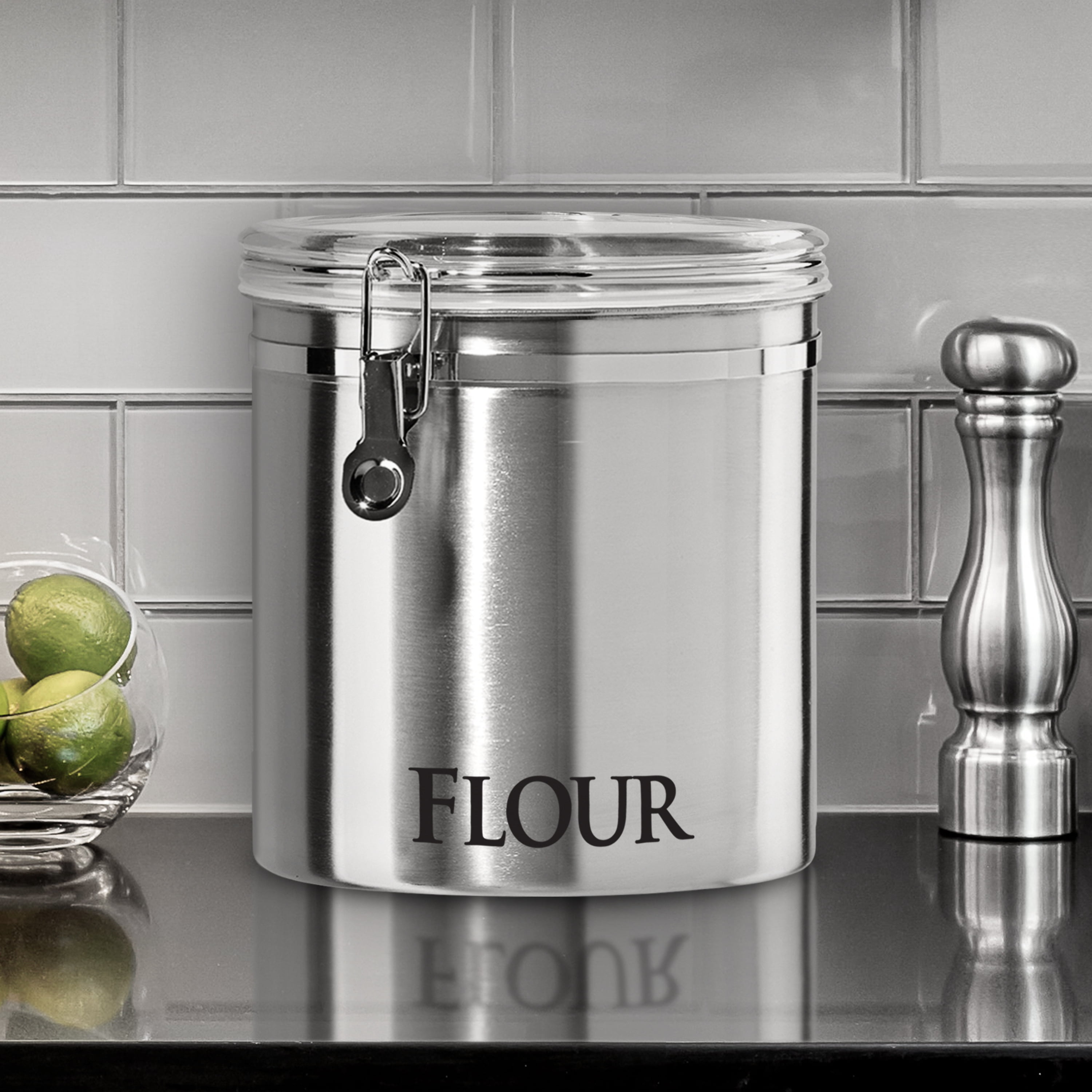 Oggi Jumbo 8" Stainless Steel Flour Clamp Canister - Airtight Food Storage Container Ideal for Kitchen & Pantry Storage of Flour or other Bulk, Dry Foods.