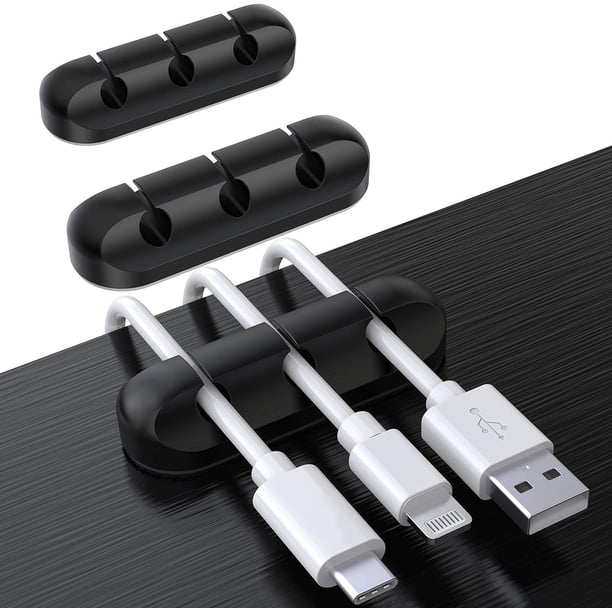 Paquete de tres clips para sujetar cables (negros, sin incluir cables de datos), clip organizador de cables, organizador adhesivo de silicona para cables de carga USB, cables de mouse y computadoras