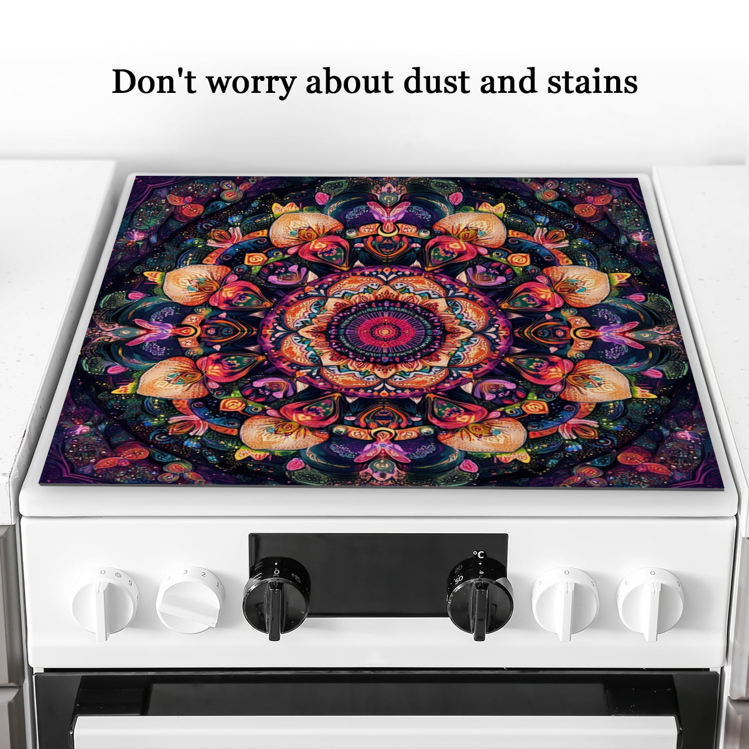 Stove Covers For Electric Glass Stoves, Vintage Floral Mandala Print Glass Heat Resistant Non-Slip Stovetop Protector, Square Kitchen Decor Mat for Kitchen RV (28×20 Inch)