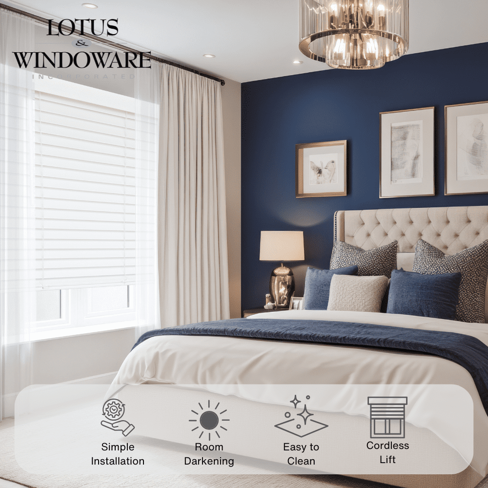 Lotus & Windoware Cordless Faux Wood Blind, Smooth, Bright White, Privacy Slats, Blinds for Indoor Windows, 65" Wide x 60" Long