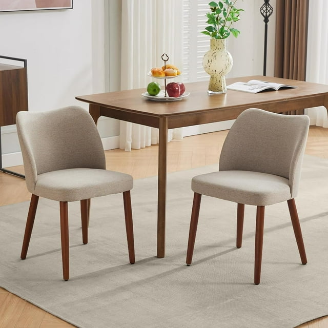 BeesClover Linen Dining Chairs Set of 2, Upholstered Dining Chair with Solid Wood Legs, Wing Backrest, Kitchen Chairs with Thick Cushions for Dining Room, Living Room